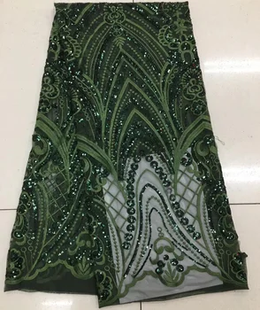 

Free shipping (5yards/pc) High quality African French net lace fabric green sequins lace fabric with wonderful embroidery FSQX16