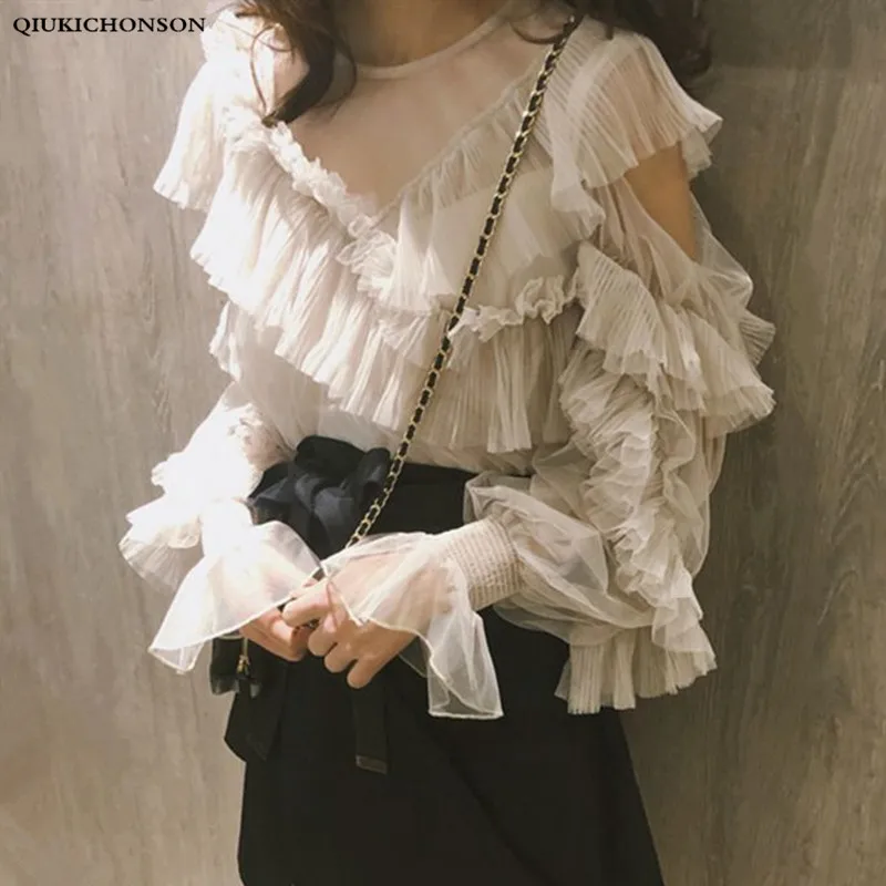 

Spring summer blouses for women 2019 Korean style kawaii lolita blouse ladies fairy ruffle cold shoulder mesh tops blusa mujer