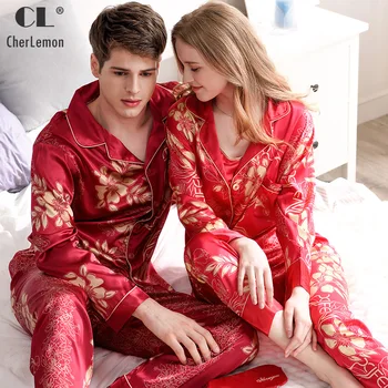 

CherLemon Men Satin Silk Pajamas Women 3Pcs Camisole Top and Pants Pyjama Set Autumn Red Floral Print Bride and Groom Sleepwear