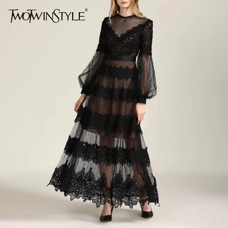 

TWOTWINSTYLE Perspective Women's Dress O Neck Hollow Out Lantern Sleeve High Waist Lace Patchwork Dresses Female 2019 Fashion