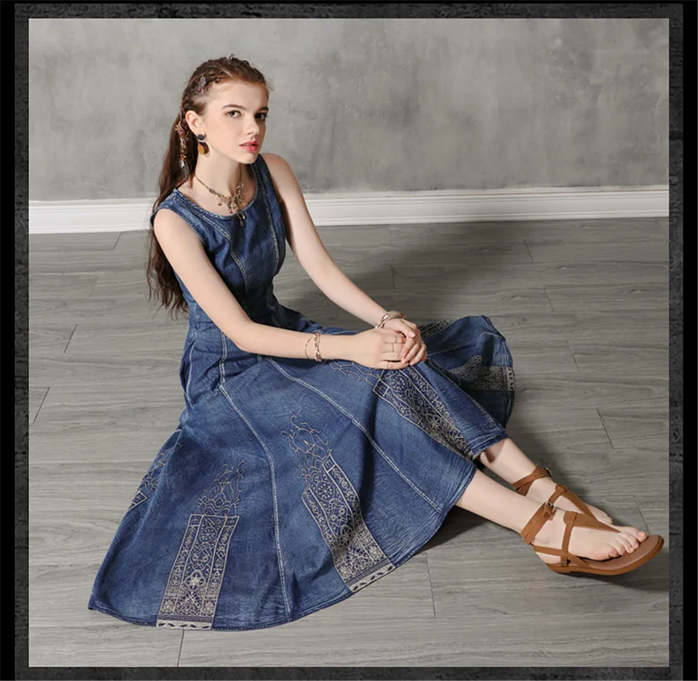 Vintage Summer Cotton Denim Dress 2019 Women's Dresses Sundress Embroidery O-Neck Vestido Women Tank Dress Sleeveless Dresses (10)