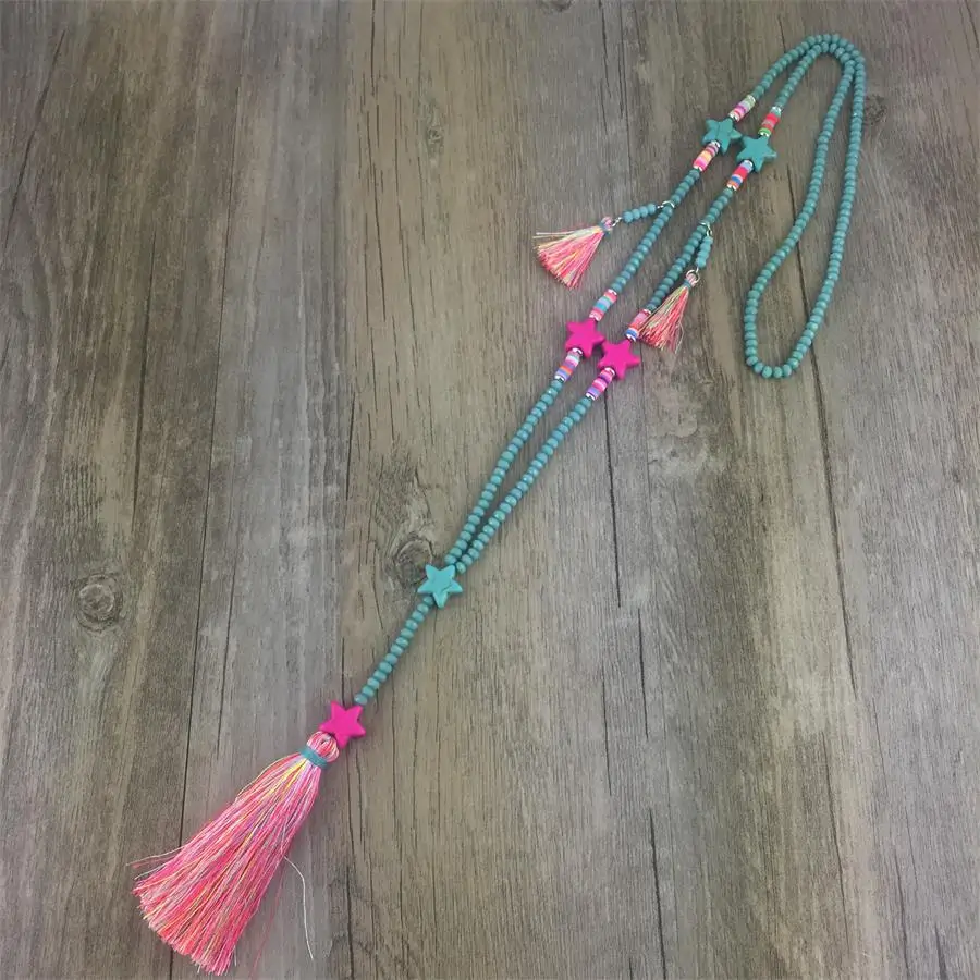 

New Handmade Tassel Pendent Necklace Glass Beads Boho Bohemiam Long Fringe Statement Maxi Necklace For Summer Beach Womem