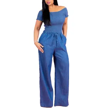 

Women's Sexy High Waist Shirt Sleeves Wide Leg Blue Jean Jumpsuit Summer Long Pants Bandage Denim Rompers Women Bodysuits
