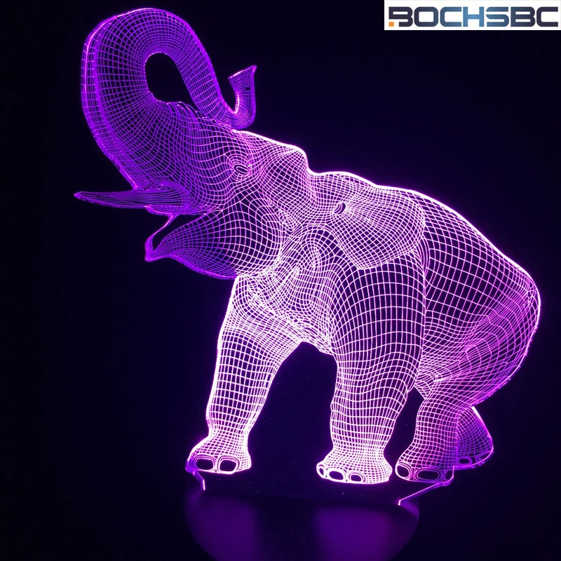 Ночник BOCHSBC в форме слона с 3D изображением животных 7 цветов настольная лампа