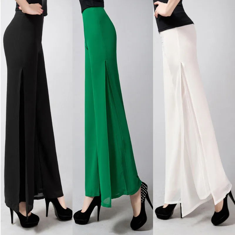 

2019 Summer Ladies High Waist Baggy Pants Women Casual Wide Leg Pants Side Split Chiffon Pants