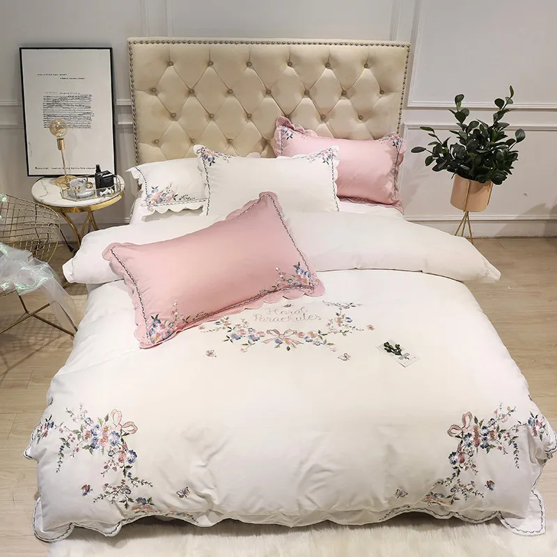 Белый розовый Египетский хлопок вышивка роскошный комплект постельного белья Королева размер король пододеяльник простыня комплект ropa de cama