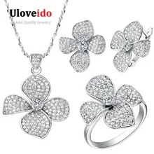Almei 40% Offf Plata Cristalino de La Flor Collar/Pendientes/Anillo de La Joyería para La Mujer Traje de Boda Nupcial Bijoux Femme T001