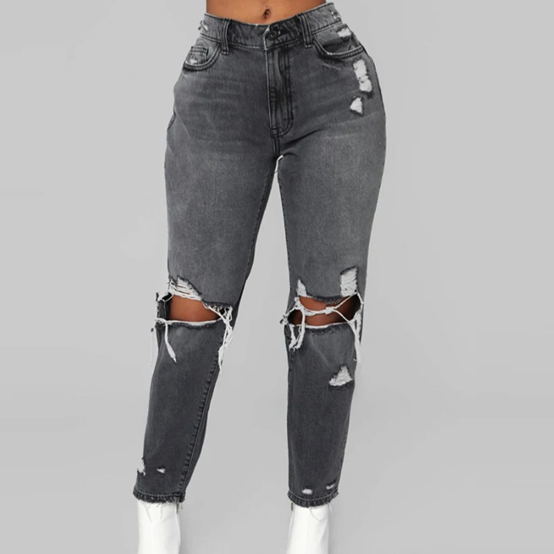 

Ripped big hole fashion Jeans Women High Waist skinny pencil Denim Pants Elastic Stretch sexy slim fit gray Jeans women S-2XL
