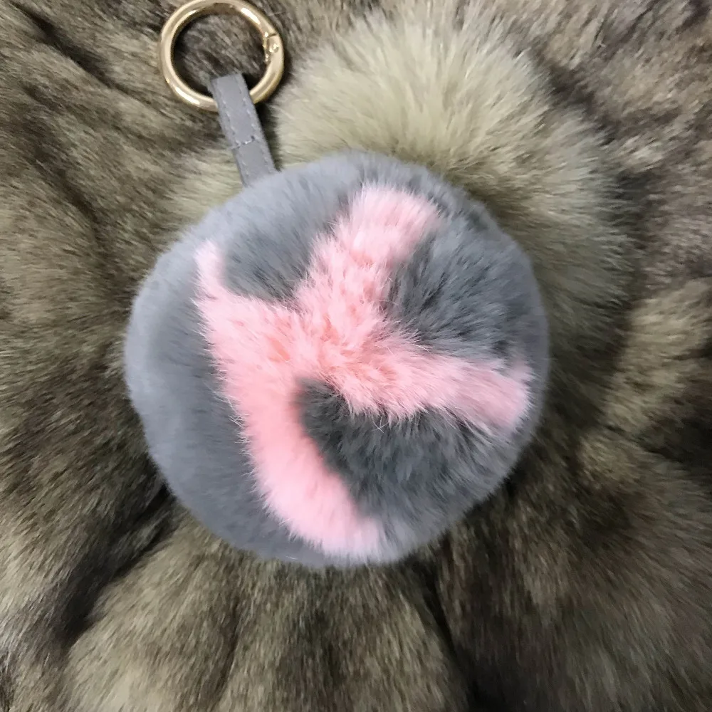 

Magicfur -ABcharm Letter Initial A-Z Real Rex Rabbit Fur Gray W Pink Pom Ball Soft Keyring Bag Charm Car Keychain Pendant