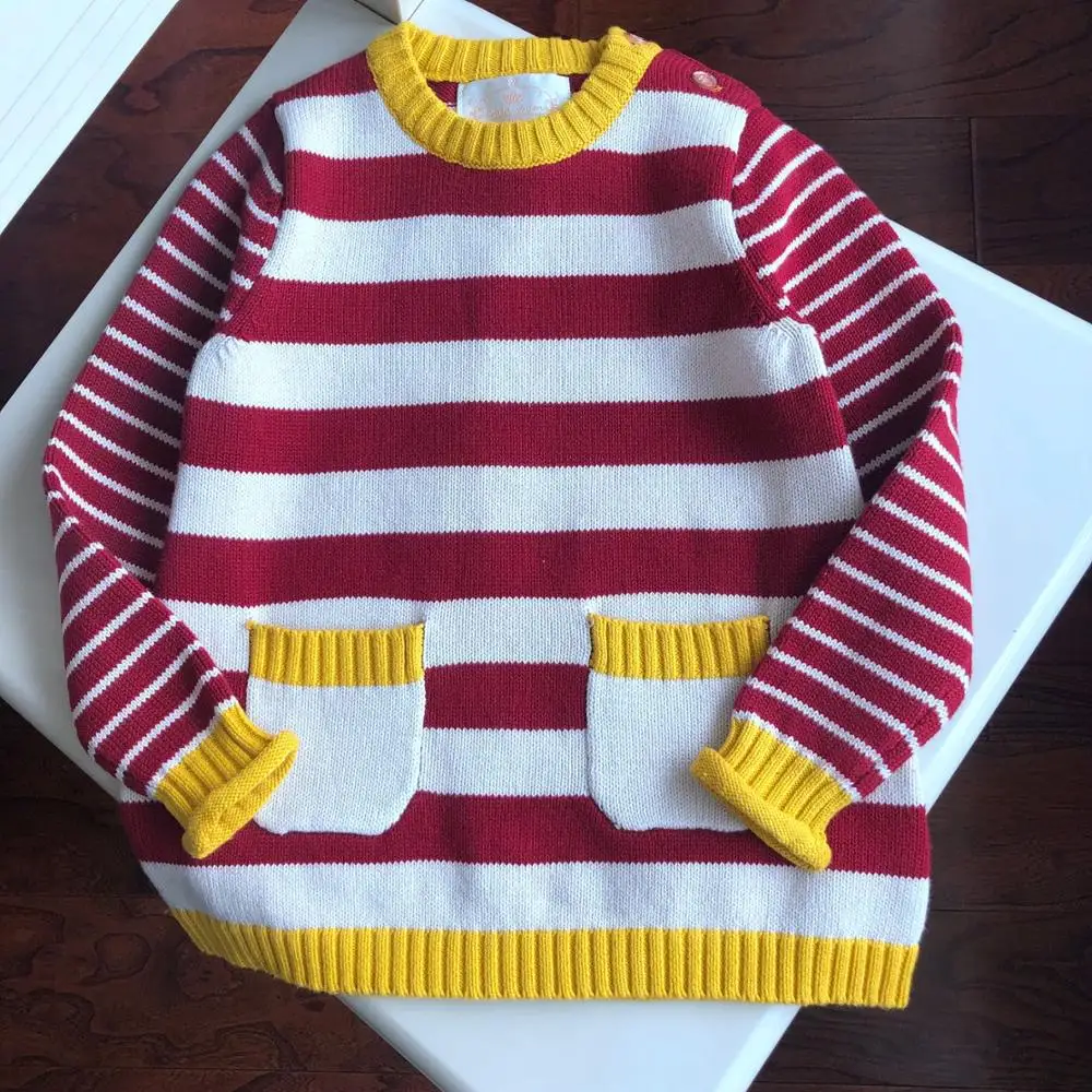 

Striped girls sweater skirt long sweater spring and autumn shoulder open button wool skirt