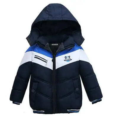 Новая модная Лоскутная куртка для мальчиков и верхняя одежда; теплые зимние куртки с капюшоном для мальчиков; пальто для девочек; детская зимняя одежда; пальто для мальчиков - Цвет: Dark blue