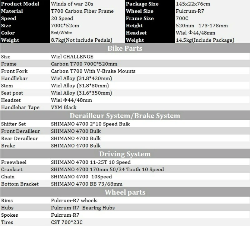 Excellent WIEL Challenge 700C Road Bike Carbon Fiber Frame / Fork Cycling Bicycle 20 Speed TIAGRA 4700 Group Set Flcrum-R7 Wheels 3 Excellent WIEL Challenge 700C Road Bike Carbon Fiber Frame / Fork Cycling Bicycle 20 Speed TIAGRA 4700 Group Set Flcrum-R7 Wheels 3