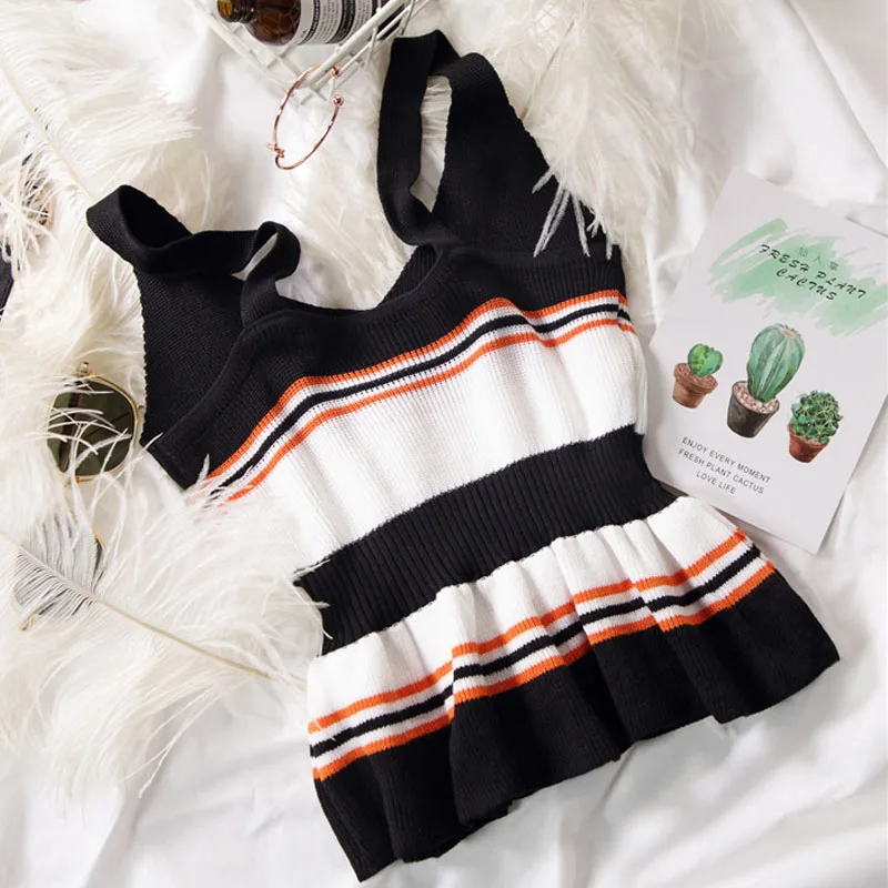 

NEW Contrast Striped Camisole Vest Sweater Camisole Women's High Waist Ruffled Camisole