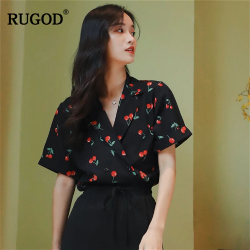 

RUGOD 2019 New Summer Women Cherry Print Fashion Shirt Notched Collar V-neck Loose Female Blouse Gentle Temperament Stylish Tops