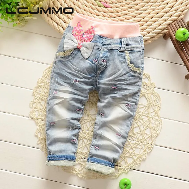 LCJMMO 2017 New Arrival Butterfly Knotted Baby Girl jeans Children Casual Long Pants Kid Girls Denim