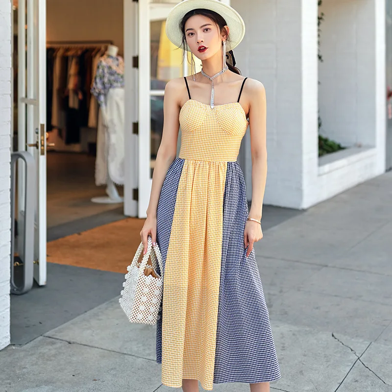 

Fashion Sexy Spaghetti Strap Dress Woman Long Summer Party Dresses 2019 New High Street Style Hit Color Splice Plaid Dress