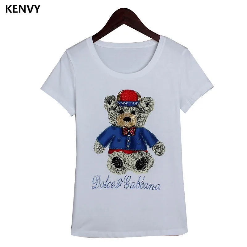 

KENVY Brand Fashion Women's High-end Luxury Summer Slim New Casual Animal Diamond Cotton O neck Short-sleeved T-shirt Top Tees