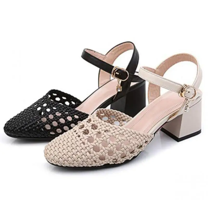 

Sandals Female Summer 5.5cm High Heel Knitted Rough Heel Buckle Hollow Out Shoe Chunky Heels Sandles Women