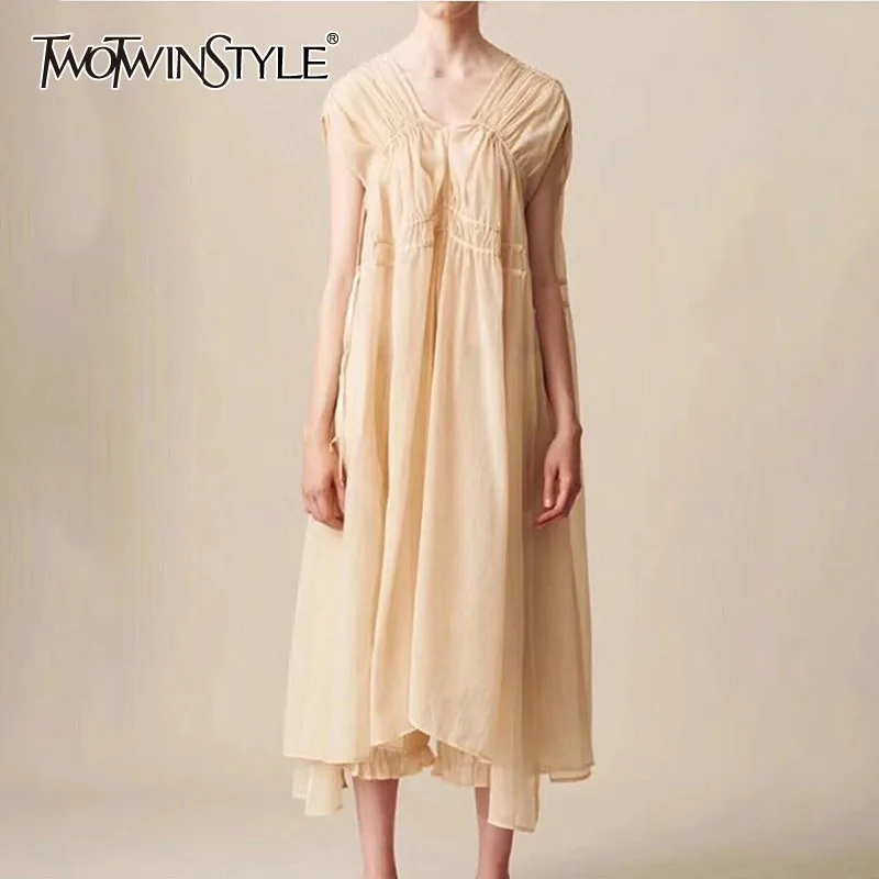 

TWOTWINSTYLE Summer Beach Dress For Women V Neck Sleeveless High Waist Bandage Ruched Midi Dresses Female Fashion 2019 New
