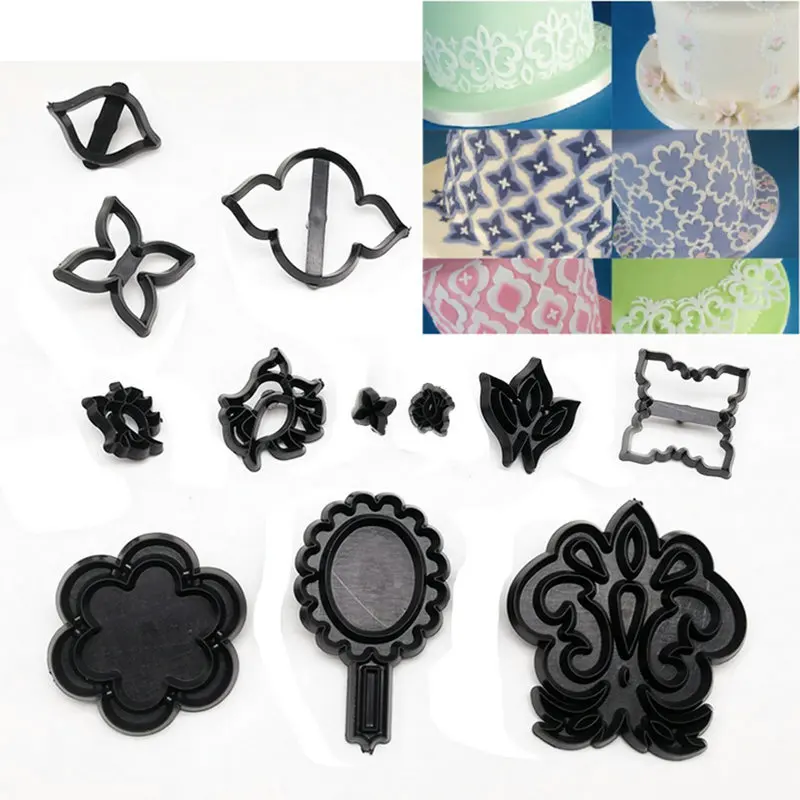 12pcs lace board Помадка торт украшения формочки Набор пластиковое печенье для разрезания выпечка печенья инструменты Новогодняя музыка семья животные воздушный шар - Цвет: 12pcs lace board