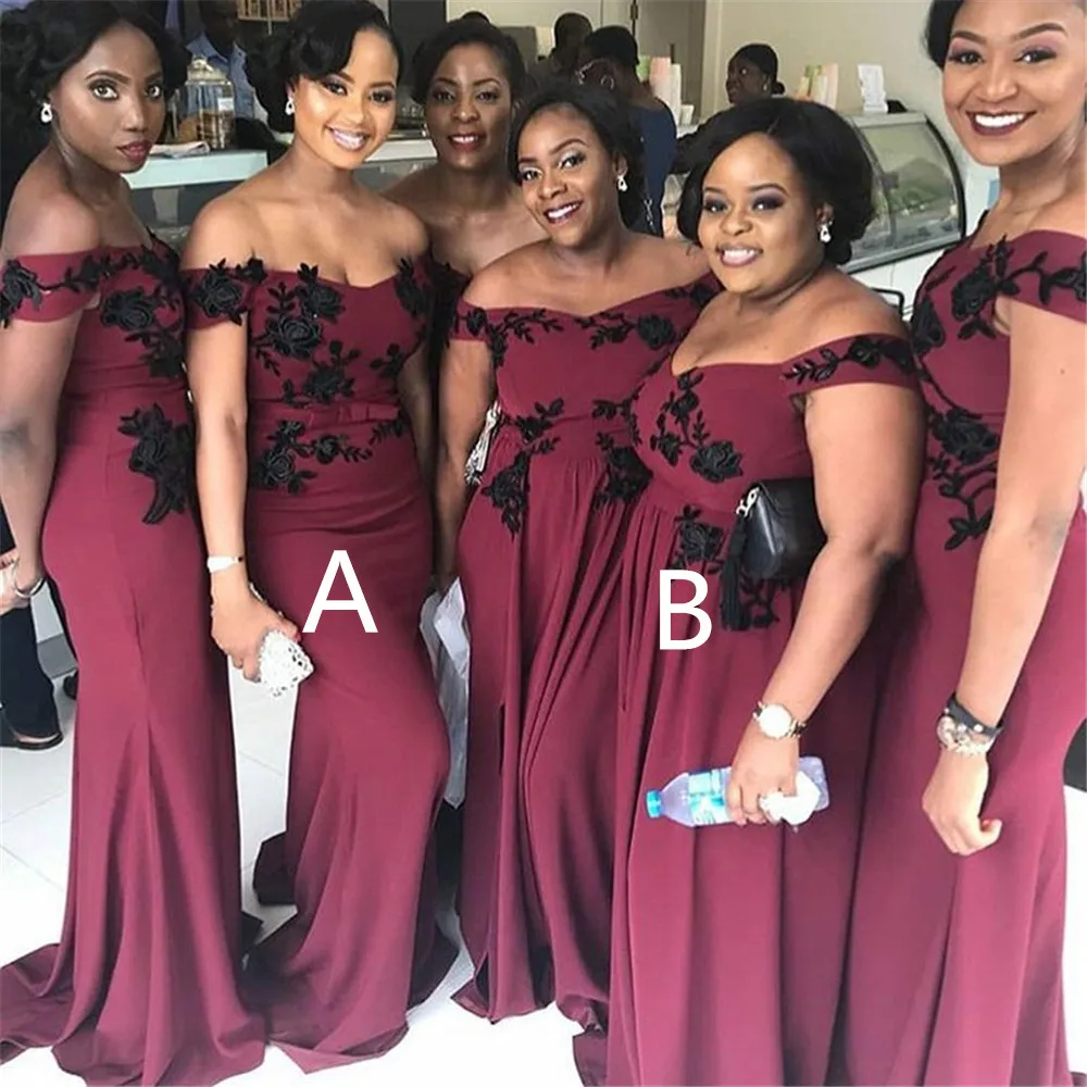 

2 Style Burgundy Long Bridesmaid Dresses Off The Shoulder Boat Neck Mermaid Wedding Guest Dress With Black Lace 2019 New Arrival
