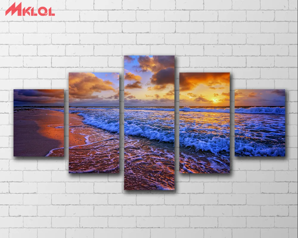 2017 Wall Art Холст Картины маслом 5 шт. пляж облака океан песок закат волна печать