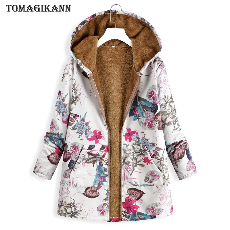 2018 Women Floral Print Hooded Winter Coat Warm Fleece Plus Size Jacket ...