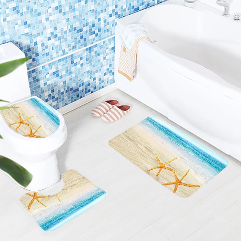 3pcs Bathroom Rug Set Nice Summer Beach Sea and Starfish Pattern Bath