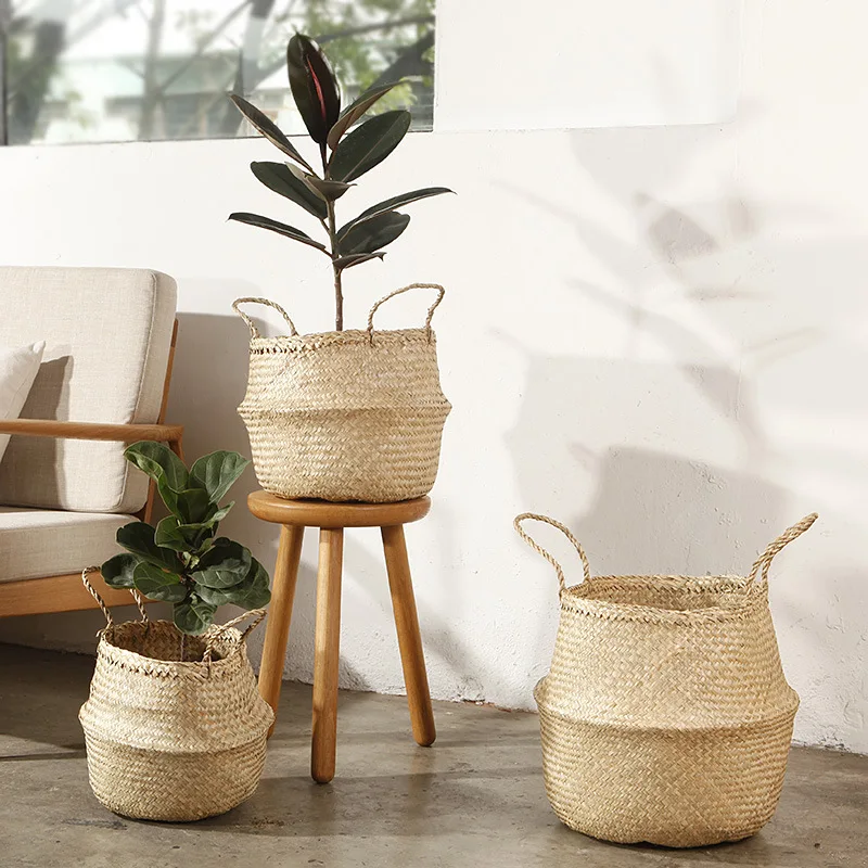 

WHISM Straw Folding Storage Basket Home Storage Organization Rattan Basket for Toys Handmade Wicker Basket Seagrass Organizer