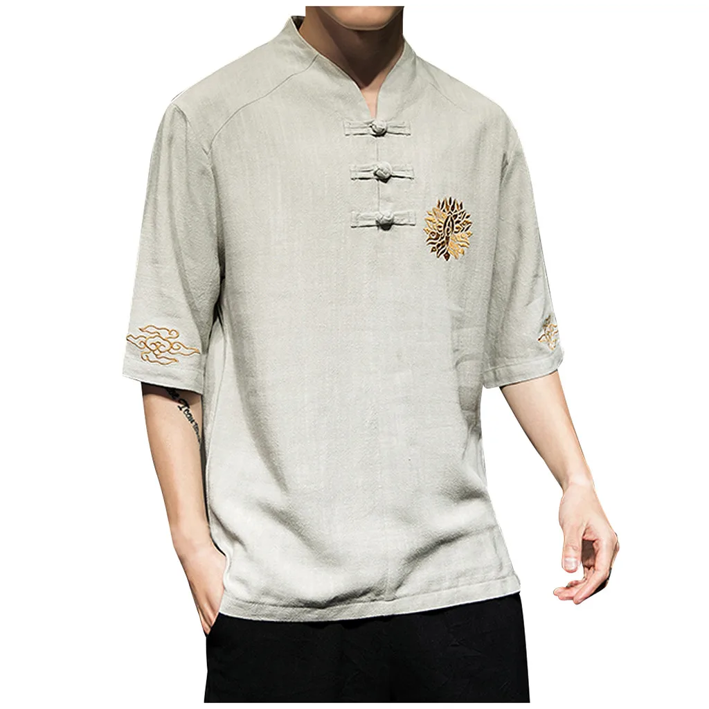

JAYCOSIN Men's Summer Vintage Embroidery Linen Patchwork O-Neck Short Sleeve T-shirt Top Print 90s Vintage M-5XL T-Shirt June 18
