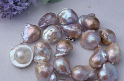 

HOT 003526 purple Nucleated Flameball pearl Necklace -mabe clasp