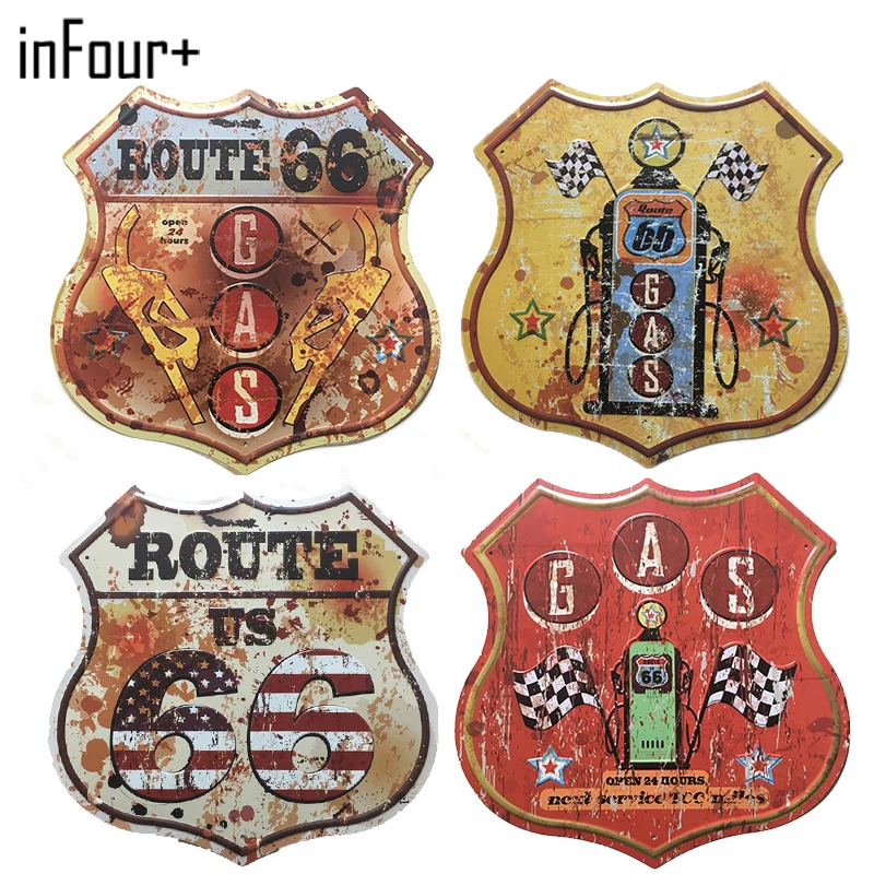 [inFour+] New Shield 66 Route Sign Metal Signs Home Decor Vintage Tin Signs Pub Vintage Decorative Plates Metal Wall Art Plaques