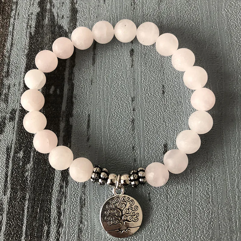 

Tree of Life Pendant Bracelet Matte Pink Stone Mala Wrists For Women Matte Rose Quartzs Single Wrap Bracelet