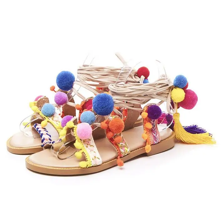

2019 Summer Ethnic Women Sandals Colorful Pom Pom Decor Lace-up Slides Women Peep Toe Flat Gladiator Summer Shoes Plus Size 10