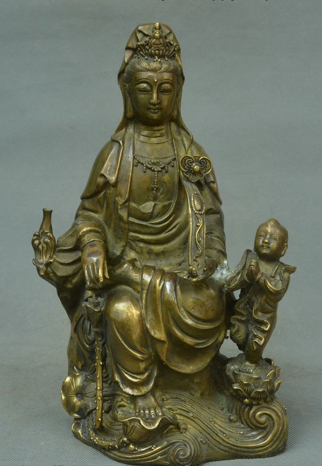 Old China Buddhism Bronze Free Kwan-yin Guan Yin Tong zi Boy Boddhisattva Statue | Дом и сад