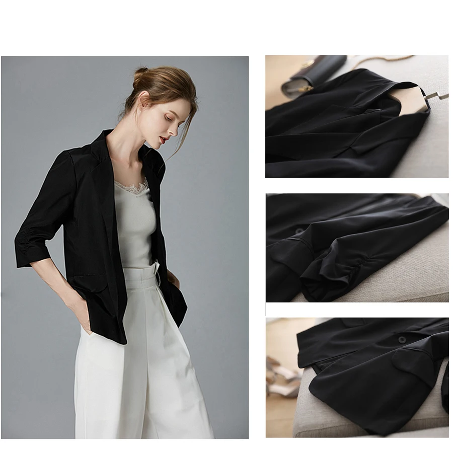 High Quality Blazers Women Suit 100% Silk Fabric Simple Design Three-quarter Sleeve Single Button 2 Colors Suit New Fashion 2018