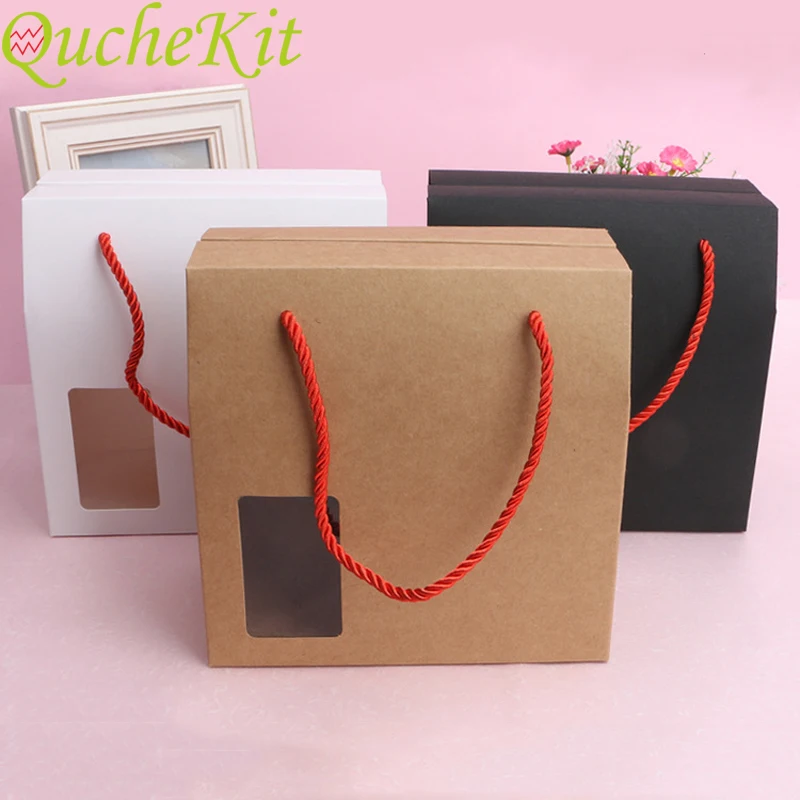 

10pcs Large Kraft Paper Gift Bag With Clear Window Portable Packaging Boxes For Candy Tea Nuts Hexagonal Bottle Candy Boxes