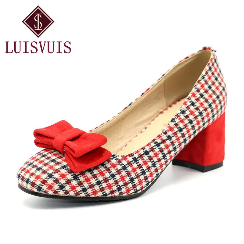 

LUISVUIS Size 32-43 Ladies High Heel Shoes Women Plaid Bowtie Thick Heels Pumps Office Party Vintage Wedding Female Footwears