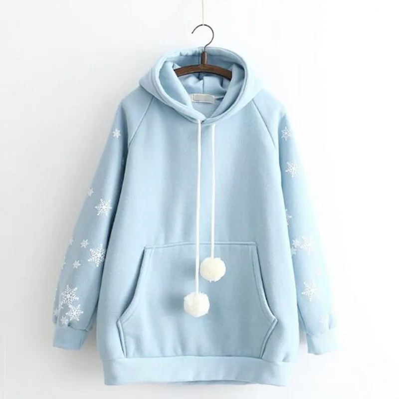 Худи в стиле Харадзюку; худи со снежинками в стиле Лолиты; пуловер в японском стиле для школьниц; милая толстовка с капюшоном в стиле Mori Girl; Ulzzang; Повседневный стиль - Цвет: blue