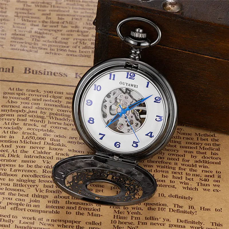 2018 New Vintage Skeleton Silver Mechanical Pocket Watch With Chain Men Hand Wind Necklace Pocket Fob 2