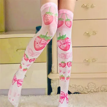 Women Sexy Thigh High Stockings Summer 3D Printing Red Strawberry Pink Silk Over knee Stockings Cosplay Quadratic element