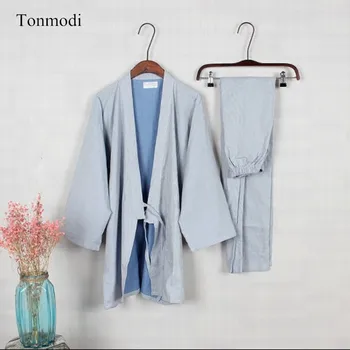 

Men's Pajamas kimono Cotton Double Layer Gauze Sleepwear Men Lounge kimono Pajama Set Loose stripe