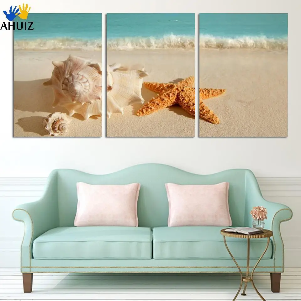 3 Pieces Modern Printed Blue Beach Seascapes Paintings Wall Art Home