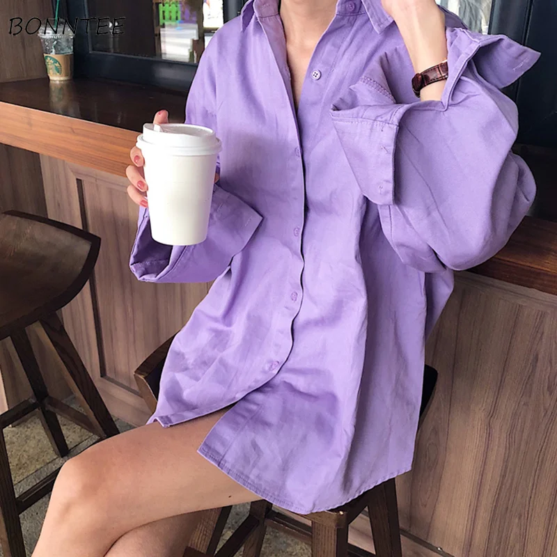 

Shirts Women Simple Solid Single Breasted All-match Trendy Womens Leisure Korean Style Students Loose High Quality Chic Blouses