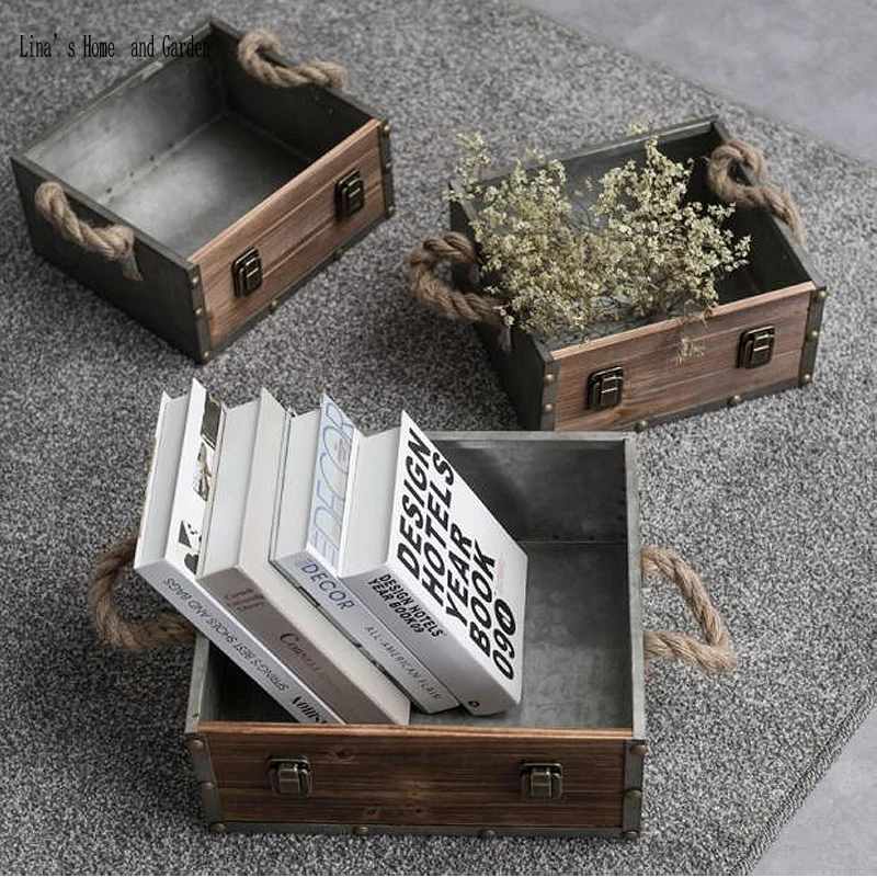 handcraft wood metal vintage retro industrial storage crates with hemp rope handles (4)