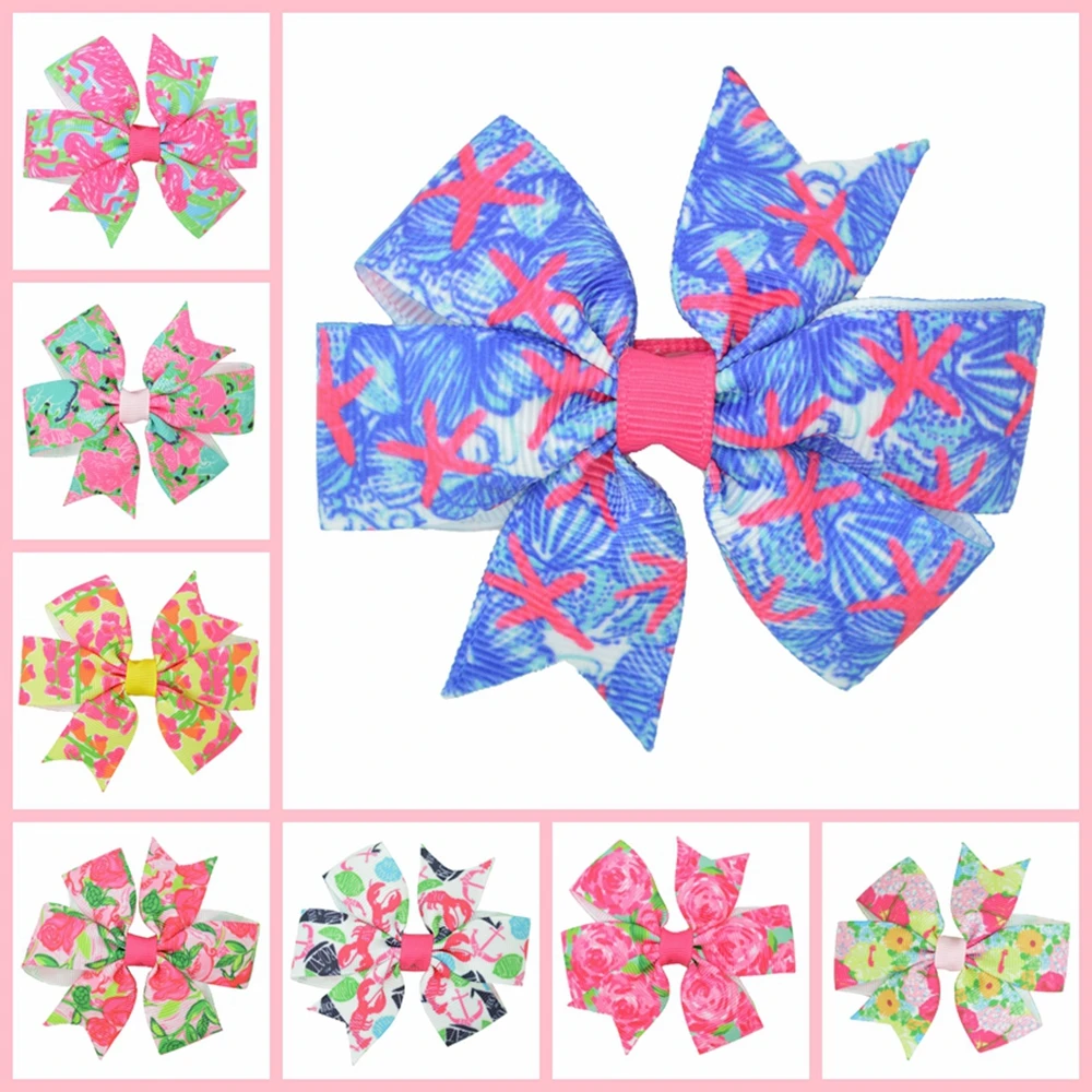 

DUWES 3.1'' Flowers Girls Hair Bow With Clip Boutique Printed Ribbon headwear diy wholesale 20 piece