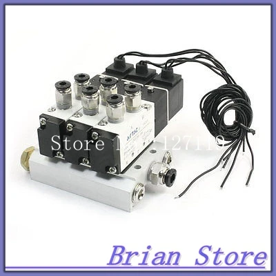 

4V110-06 AC110V 5Way Triple Solenoid Valve Mufflers Base Quick Fittings Set