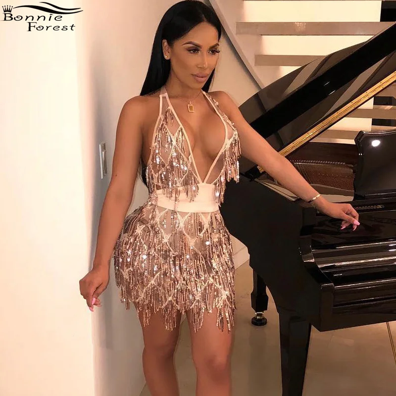 FREE SHIPPING Rose Gold Sequin Tassel Bodycon Dress Two Piece JKP4830