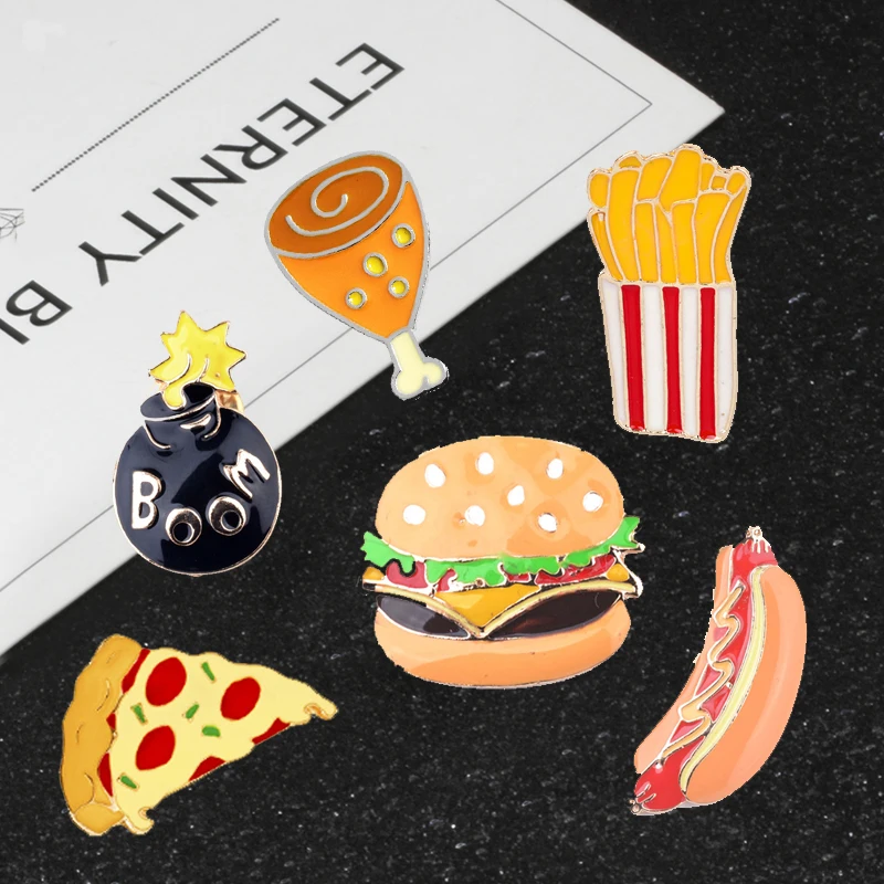 

Cartoon Cute Breakfast Brooches Jewelry Food Burger Hot Dog Pizza Bomb Metal Enamal Pins Shirt Hat Cowboy Badge Kids Gift Work