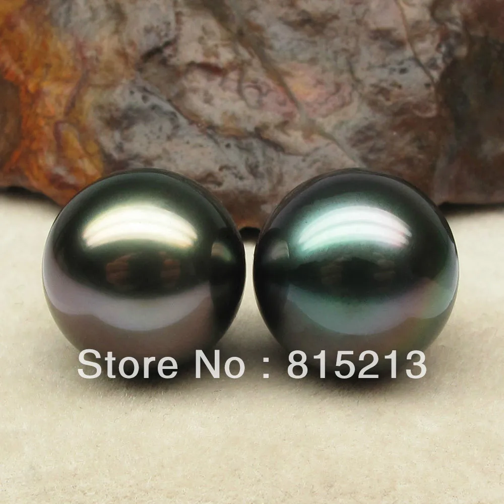 

FREE SHIPPING>>> wb00169 RARE!PEACOCK GREEN!2PS 13.4MM ROUND LOOSE NATURAL TAHITIAN PEARL EARRINGS